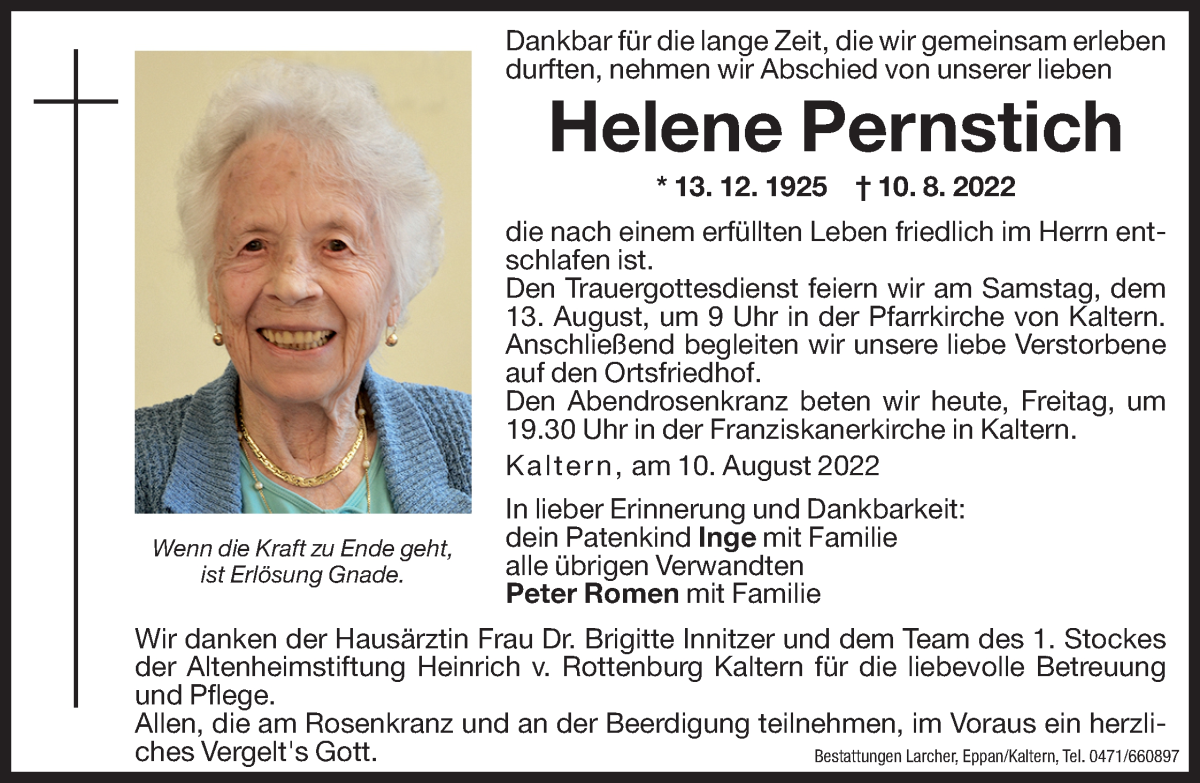  Traueranzeige für Helene Pernstich vom 12.08.2022 aus Dolomiten