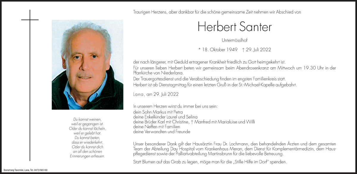  Traueranzeige für Herbert Santer vom 01.08.2022 aus Dolomiten