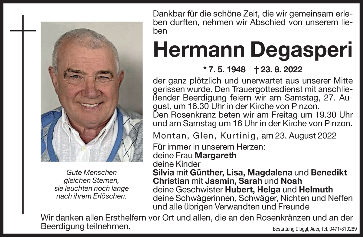  Traueranzeige für Hermann Degasperi vom 26.08.2022 aus Dolomiten