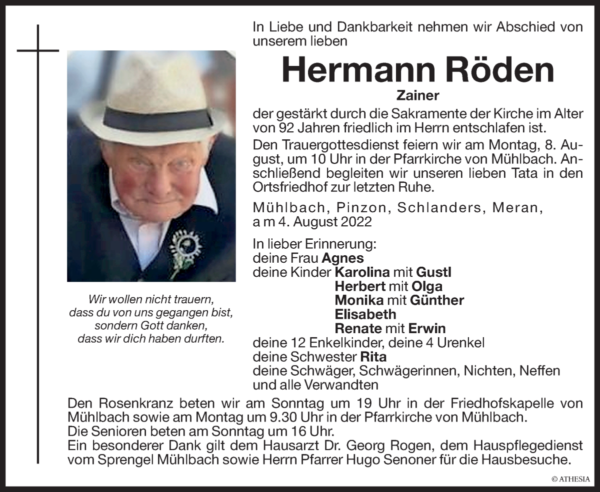  Traueranzeige für Hermann Röden vom 06.08.2022 aus Dolomiten