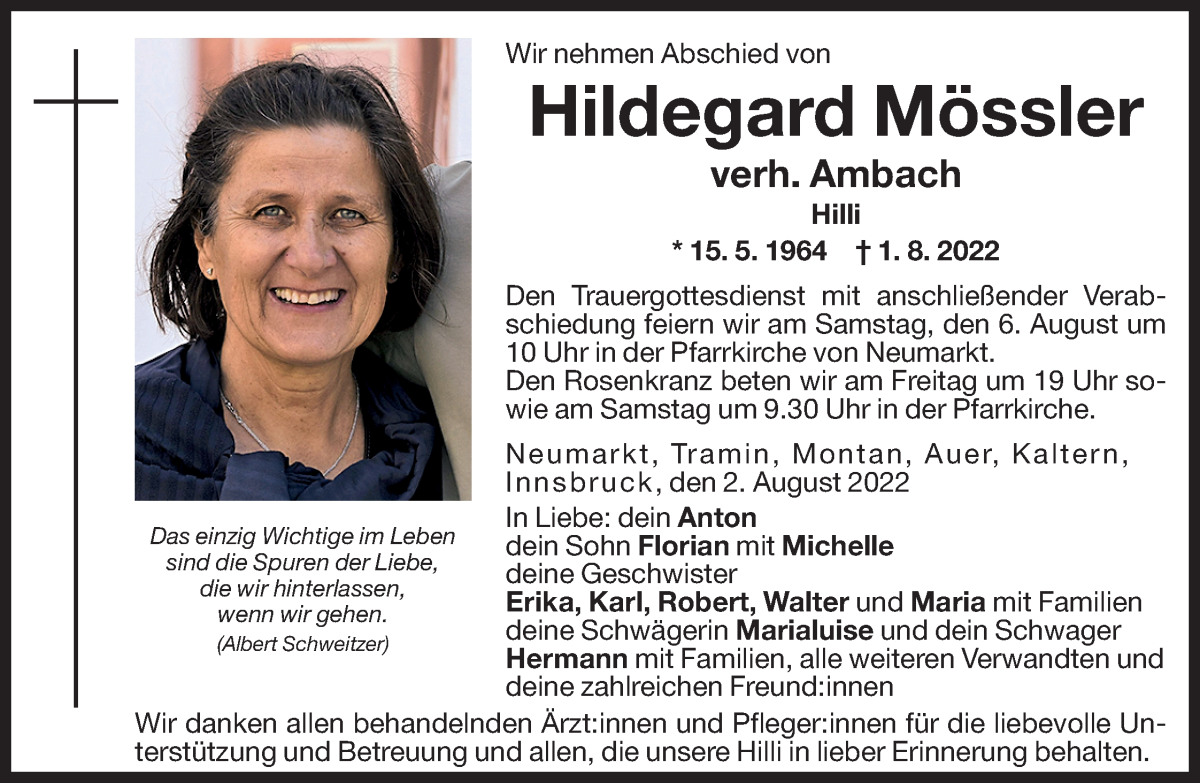  Traueranzeige für Hildegard Ambach vom 03.08.2022 aus Dolomiten