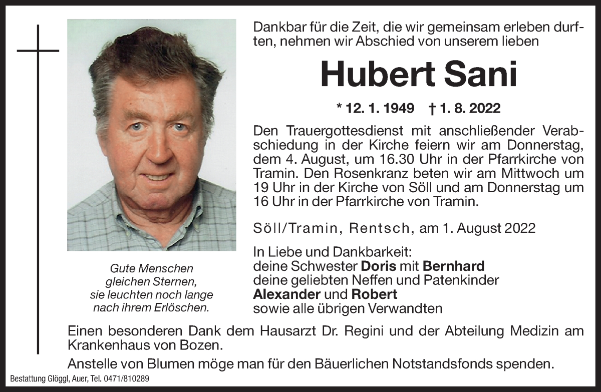  Traueranzeige für Hubert Sani vom 02.08.2022 aus Dolomiten