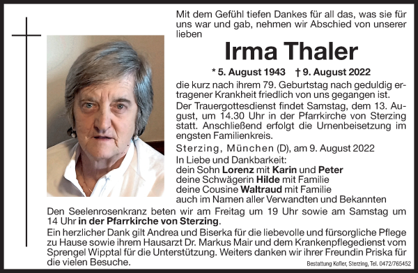 Traueranzeige von Irma Thaler von Dolomiten
