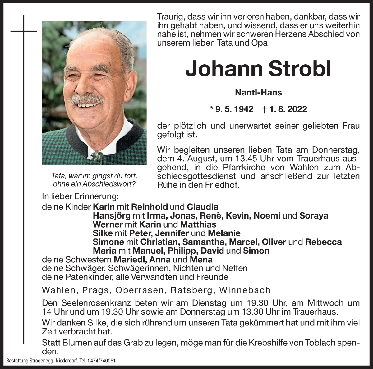  Traueranzeige für Johann Strobl vom 02.08.2022 aus Dolomiten