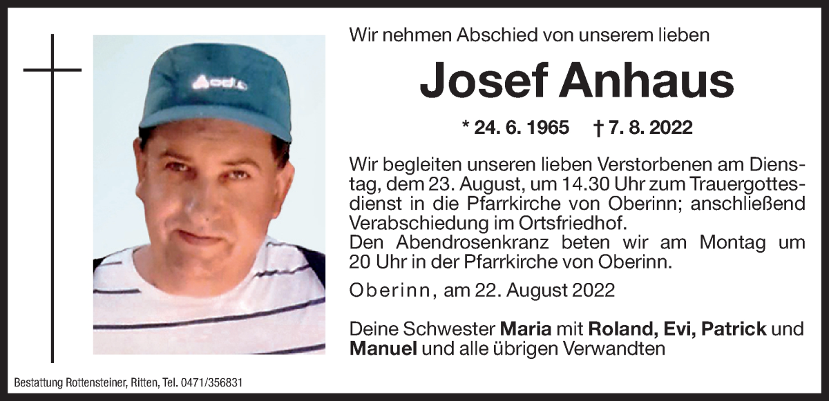 Traueranzeige für Josef Anhaus vom 22.08.2022 aus Dolomiten