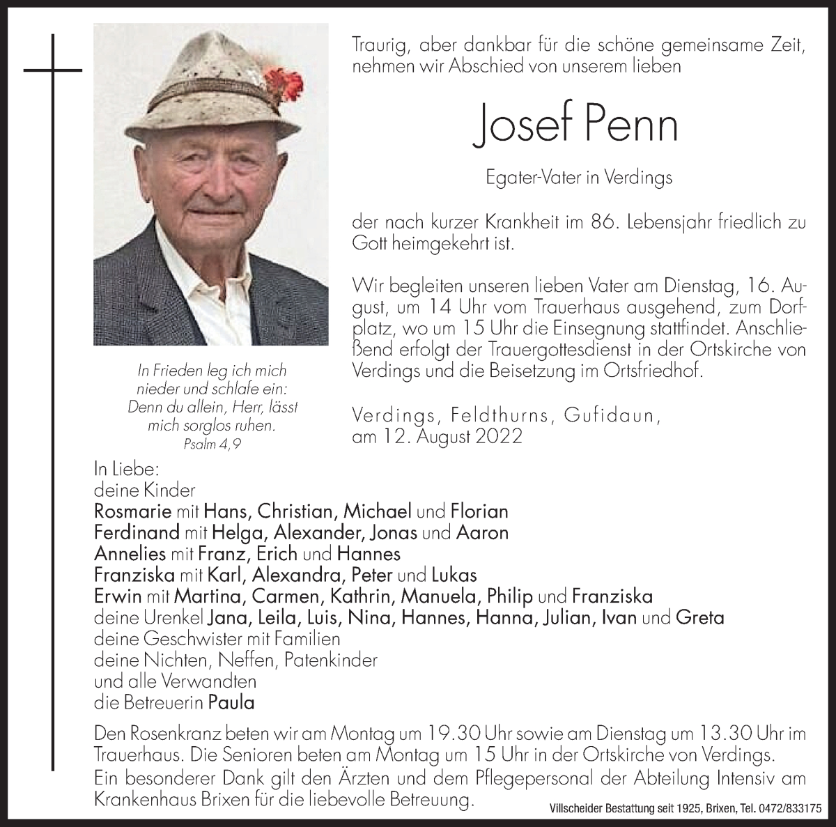 Traueranzeige für Josef Penn vom 13.08.2022 aus Dolomiten