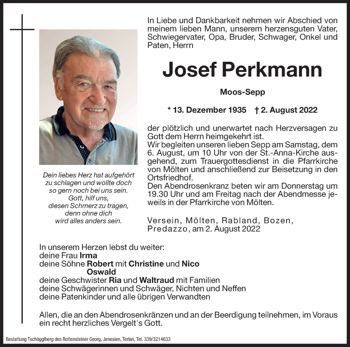  Traueranzeige für Josef Perkmann vom 04.08.2022 aus Dolomiten