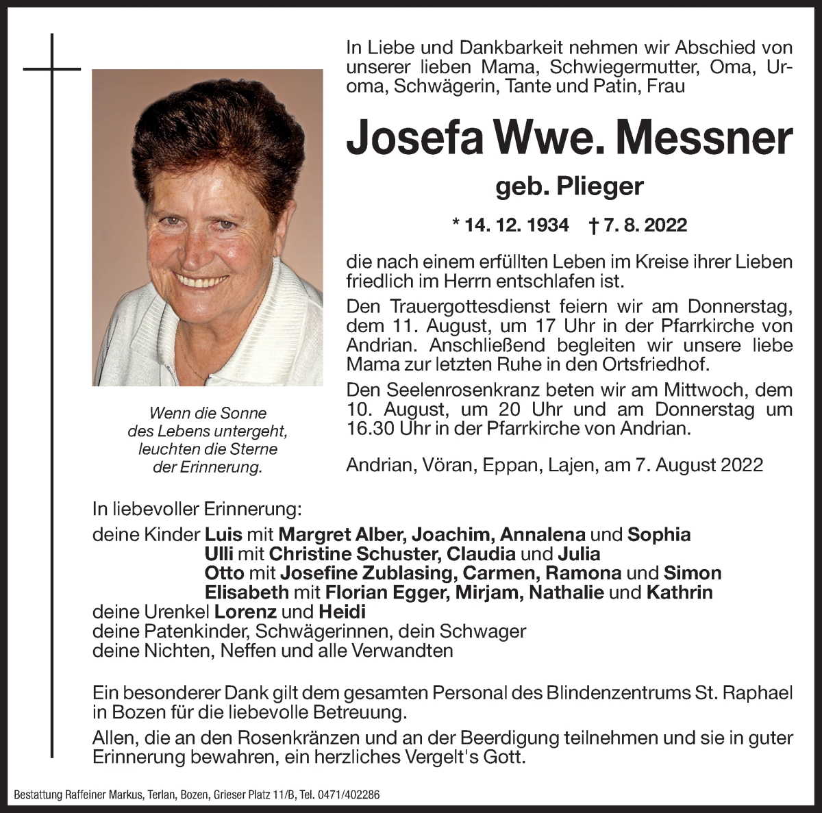  Traueranzeige für Josefa Messner vom 09.08.2022 aus Dolomiten