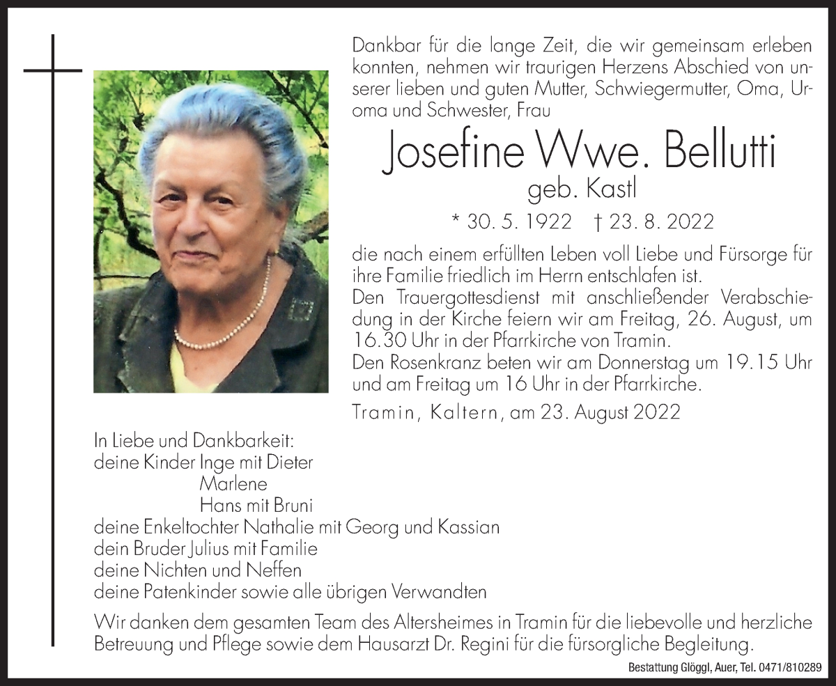  Traueranzeige für Josefine Bellutti vom 25.08.2022 aus Dolomiten