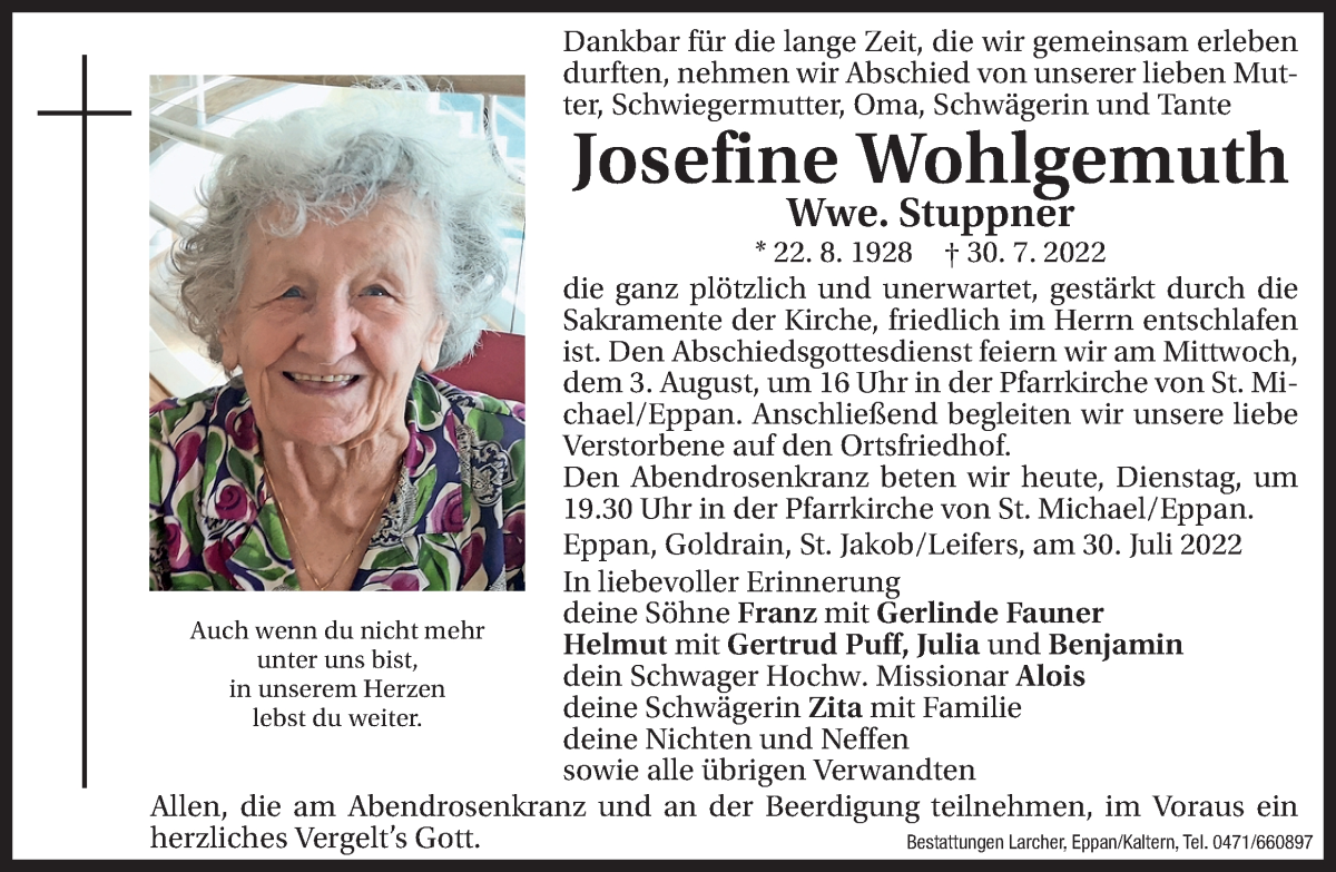  Traueranzeige für Josefine Stuppner vom 02.08.2022 aus Dolomiten
