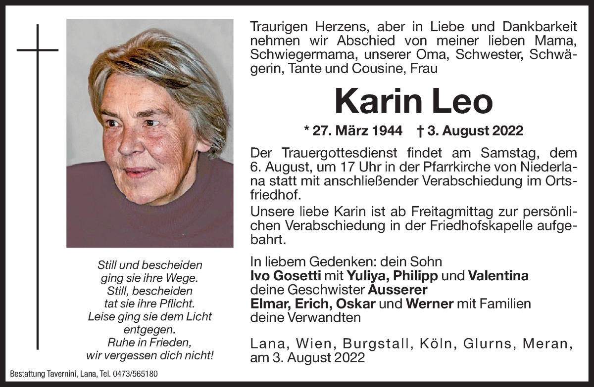  Traueranzeige für Karin Leo vom 05.08.2022 aus Dolomiten