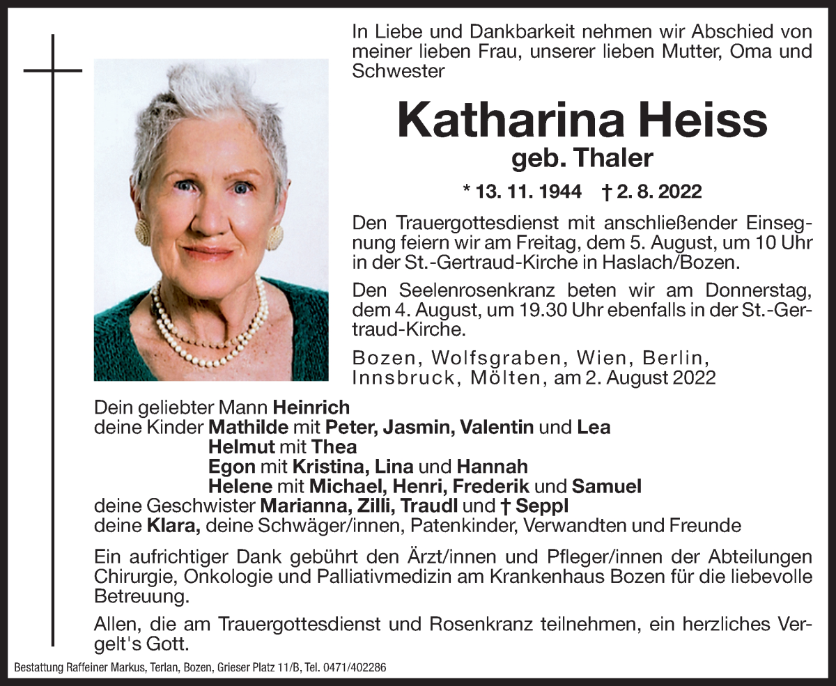  Traueranzeige für Katharina Heiss vom 04.08.2022 aus Dolomiten