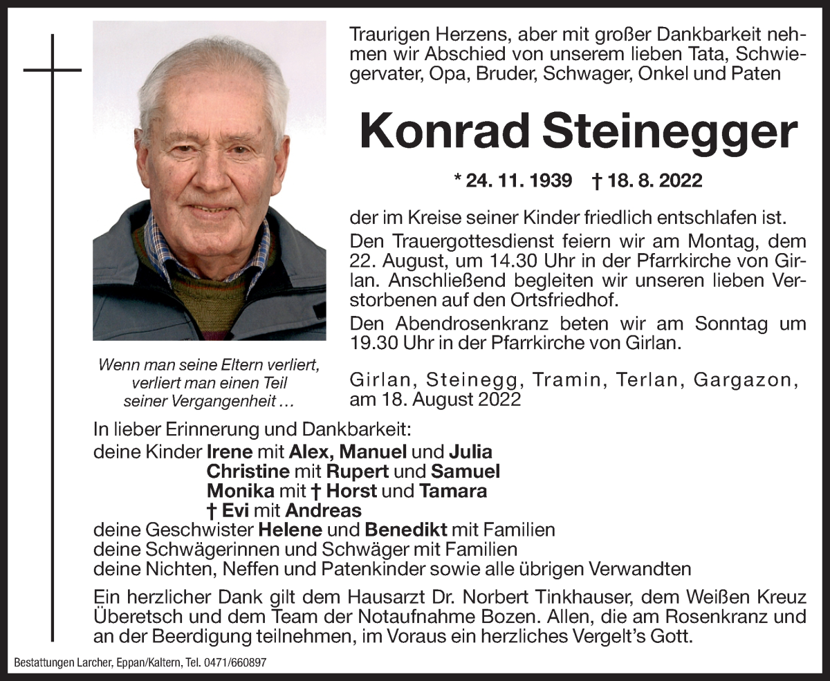  Traueranzeige für Konrad Steinegger vom 20.08.2022 aus Dolomiten