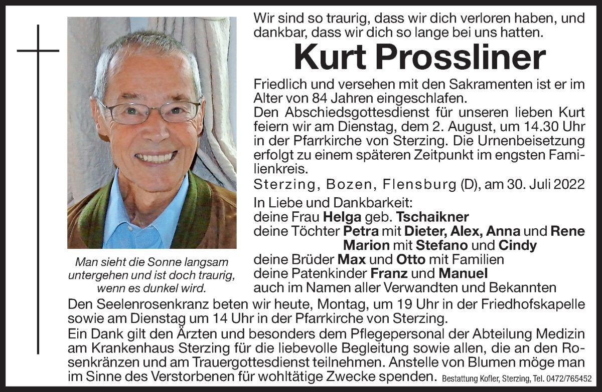  Traueranzeige für Kurt Prossliner vom 01.08.2022 aus Dolomiten