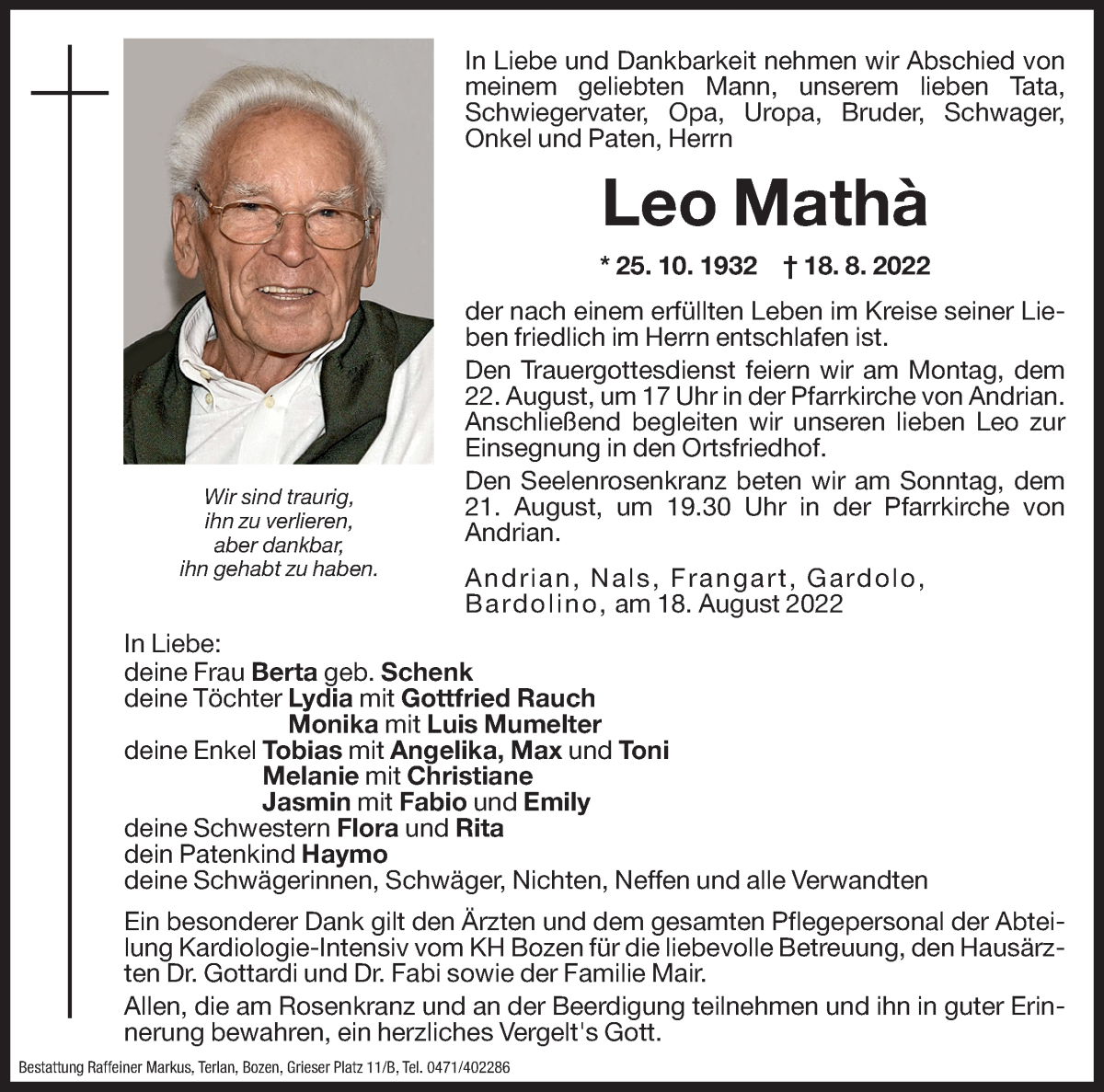  Traueranzeige für Leo Mathà vom 20.08.2022 aus Dolomiten