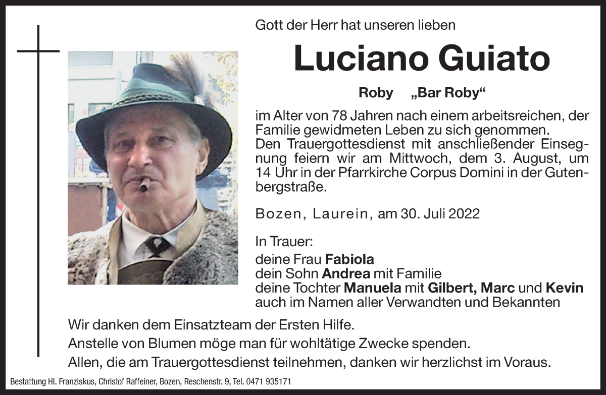  Traueranzeige für Luciano Guiato vom 02.08.2022 aus Dolomiten