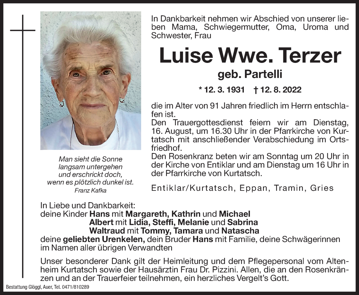  Traueranzeige für Luise Terzer vom 13.08.2022 aus Dolomiten