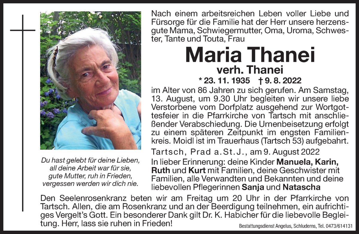  Traueranzeige für Maria Thanei vom 12.08.2022 aus Dolomiten