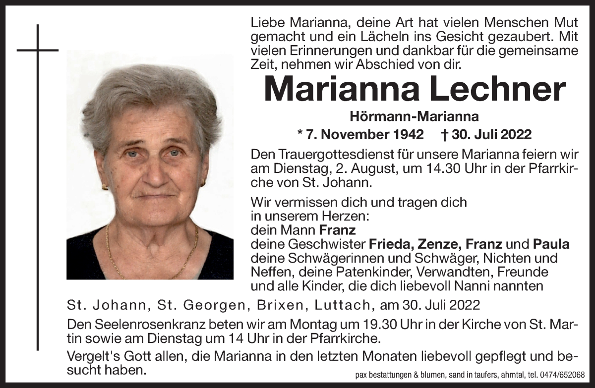  Traueranzeige für Marianna Lechner vom 01.08.2022 aus Dolomiten