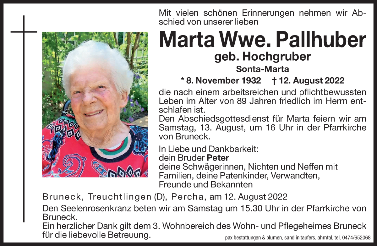  Traueranzeige für Marta Pallhuber vom 13.08.2022 aus Dolomiten