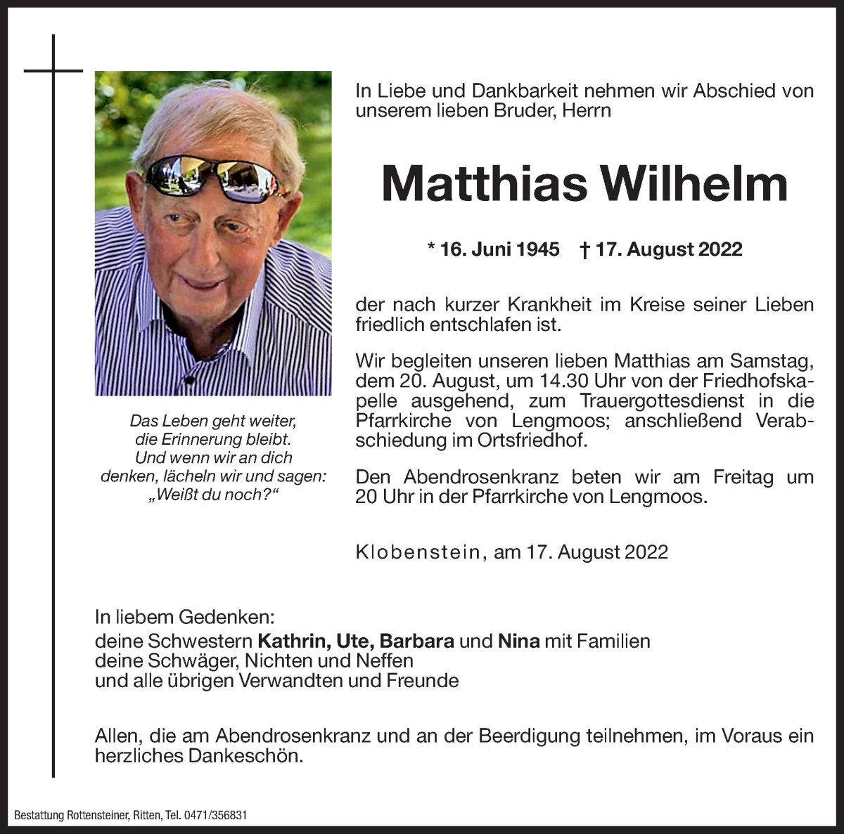  Traueranzeige für Matthias Wilhelm vom 19.08.2022 aus Dolomiten