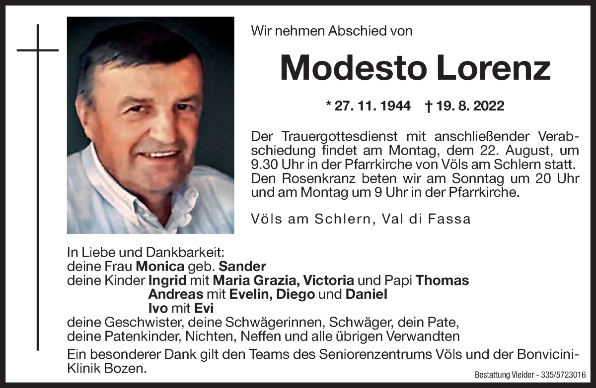  Traueranzeige für Modesto Lorenz vom 20.08.2022 aus Dolomiten