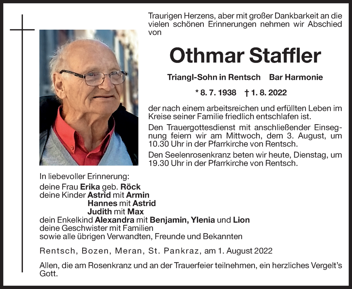  Traueranzeige für Othmar Staffler vom 02.08.2022 aus Dolomiten