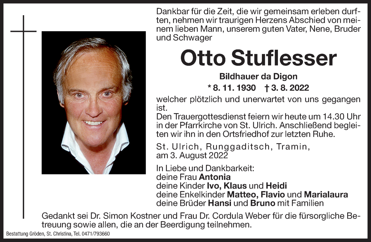  Traueranzeige für Otto Stuflesser vom 05.08.2022 aus Dolomiten