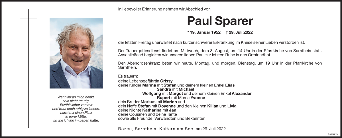  Traueranzeige für Paul Sparer vom 01.08.2022 aus Dolomiten