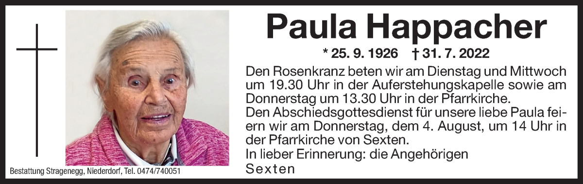  Traueranzeige für Paula Happacher vom 02.08.2022 aus Dolomiten