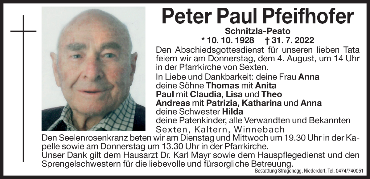  Traueranzeige für Peter Paul Pfeifhofer vom 02.08.2022 aus Dolomiten