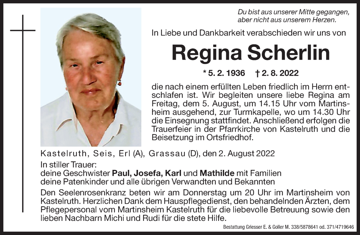  Traueranzeige für Regina Scherlin vom 04.08.2022 aus Dolomiten