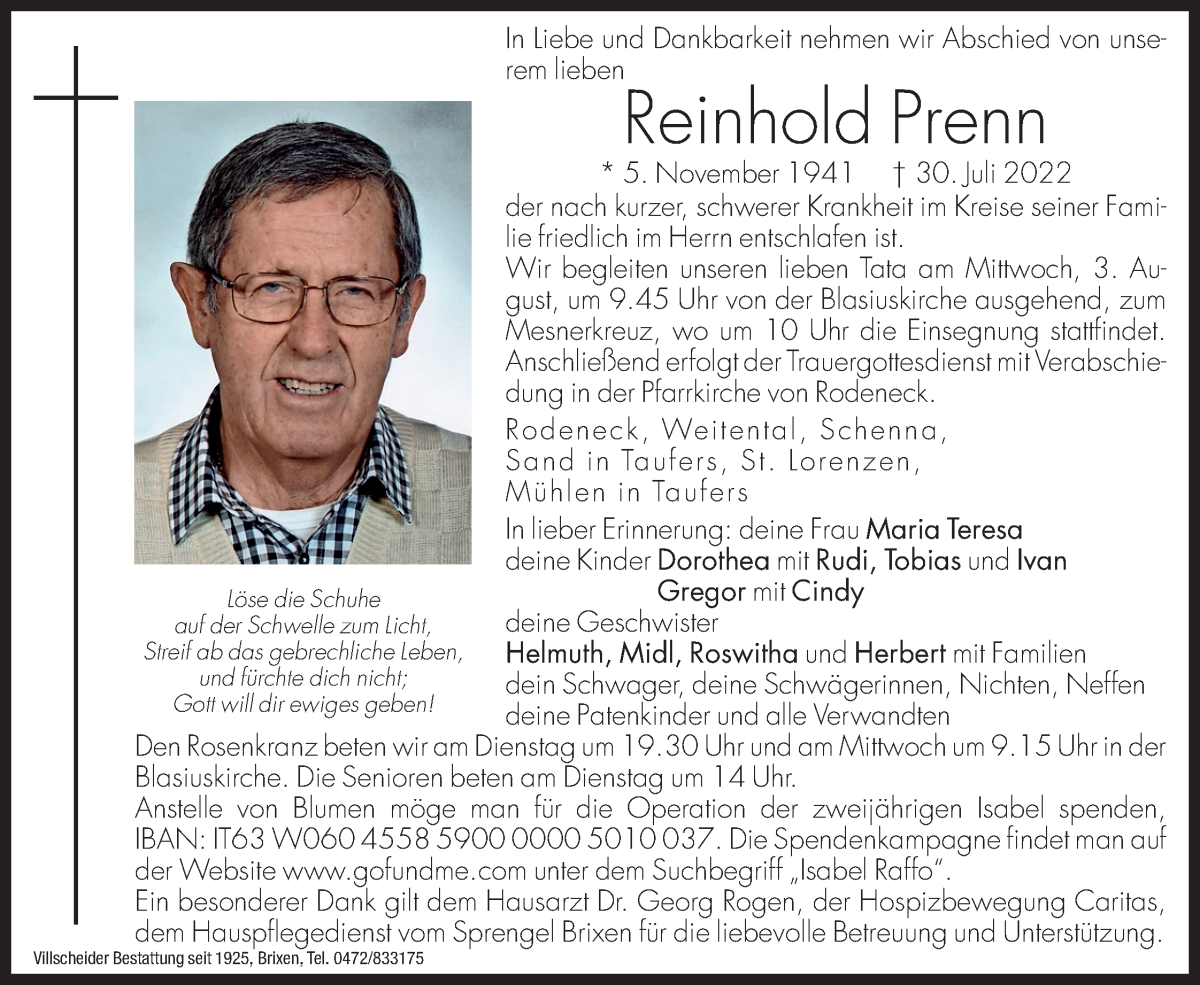  Traueranzeige für Reinhold Prenn vom 02.08.2022 aus Dolomiten