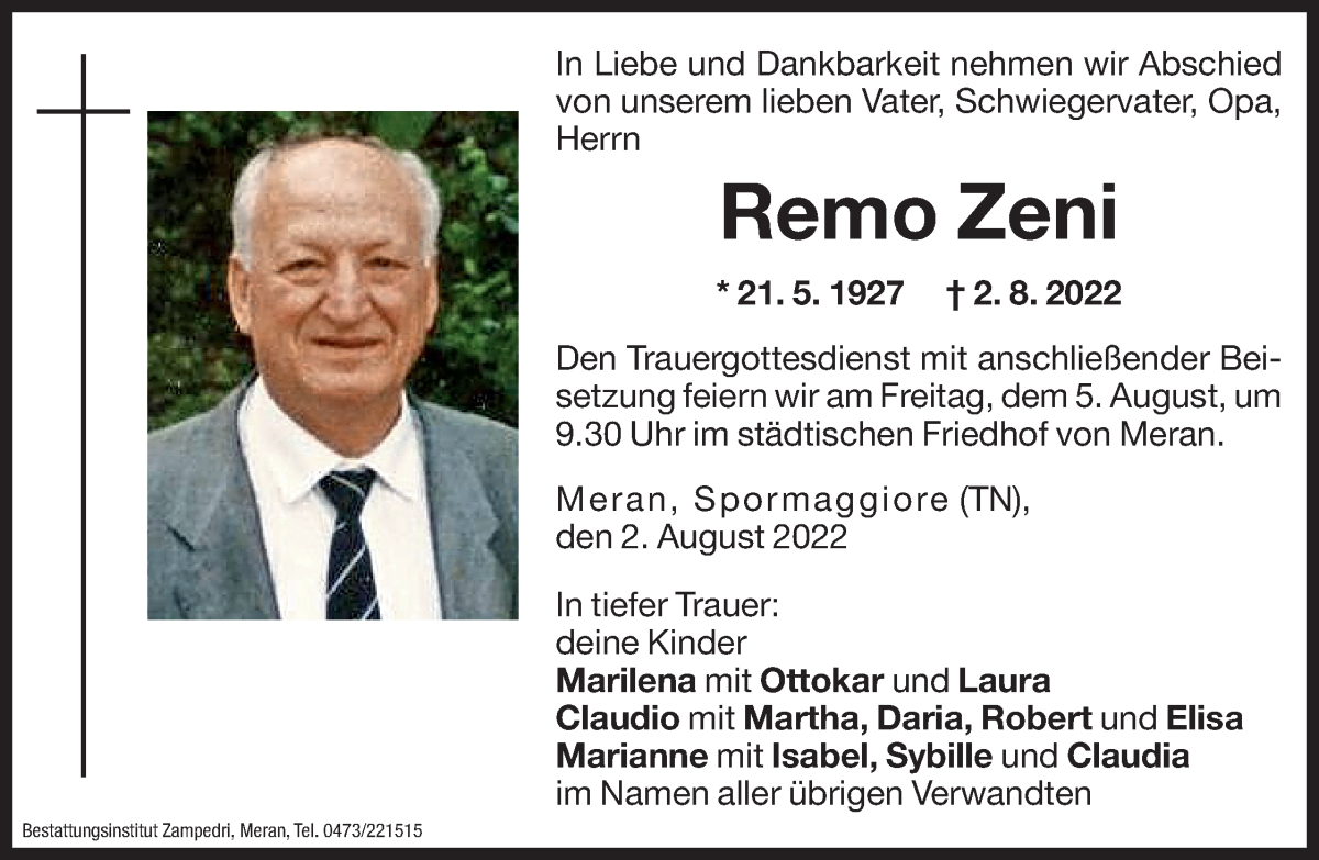  Traueranzeige für Remo Zeni vom 03.08.2022 aus Dolomiten