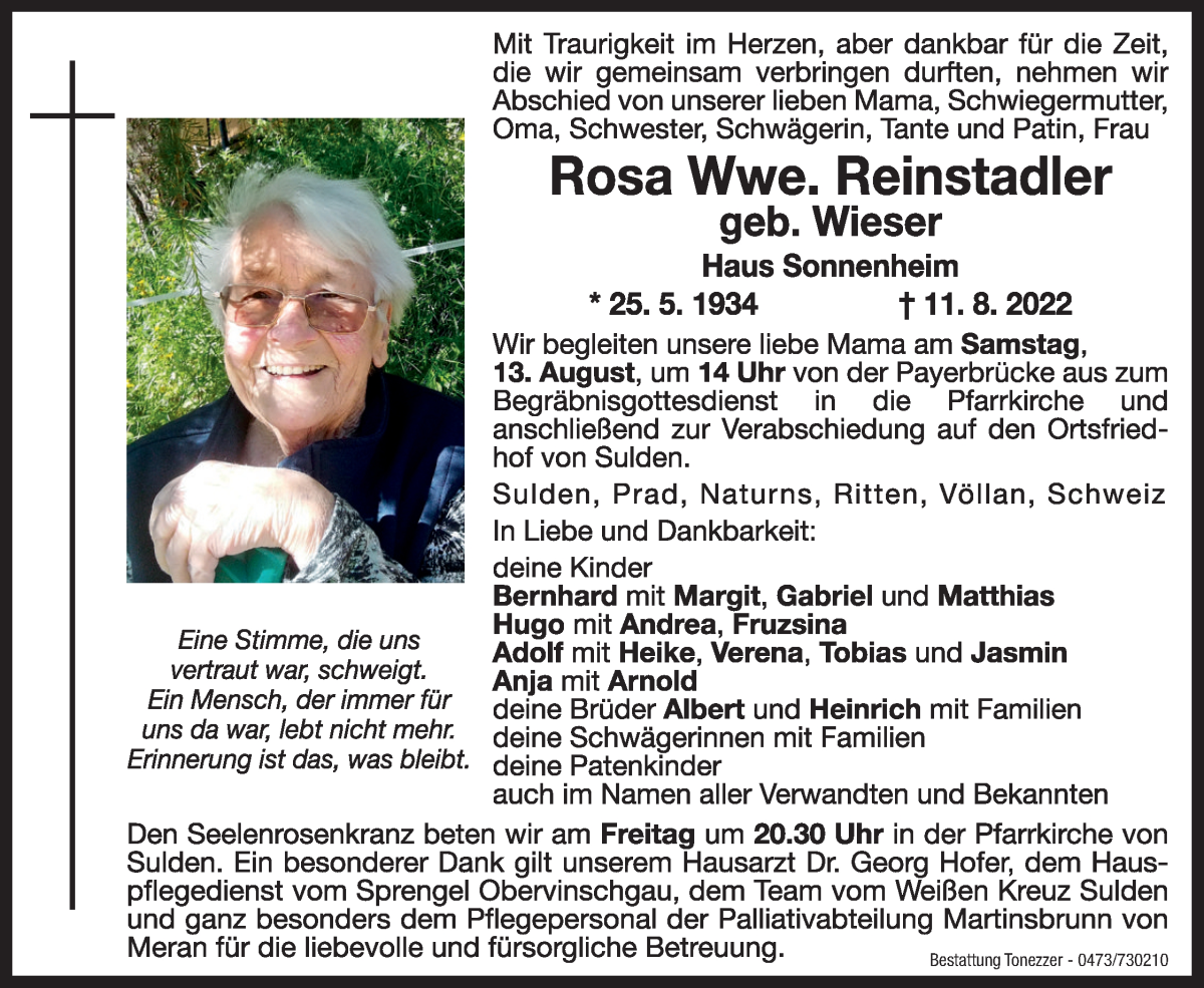  Traueranzeige für Rosa Reinstadler vom 12.08.2022 aus Dolomiten