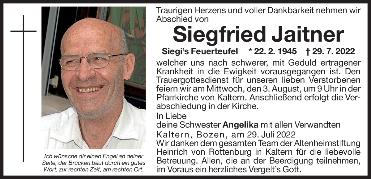  Traueranzeige für Siegfried Jaitner vom 02.08.2022 aus Dolomiten