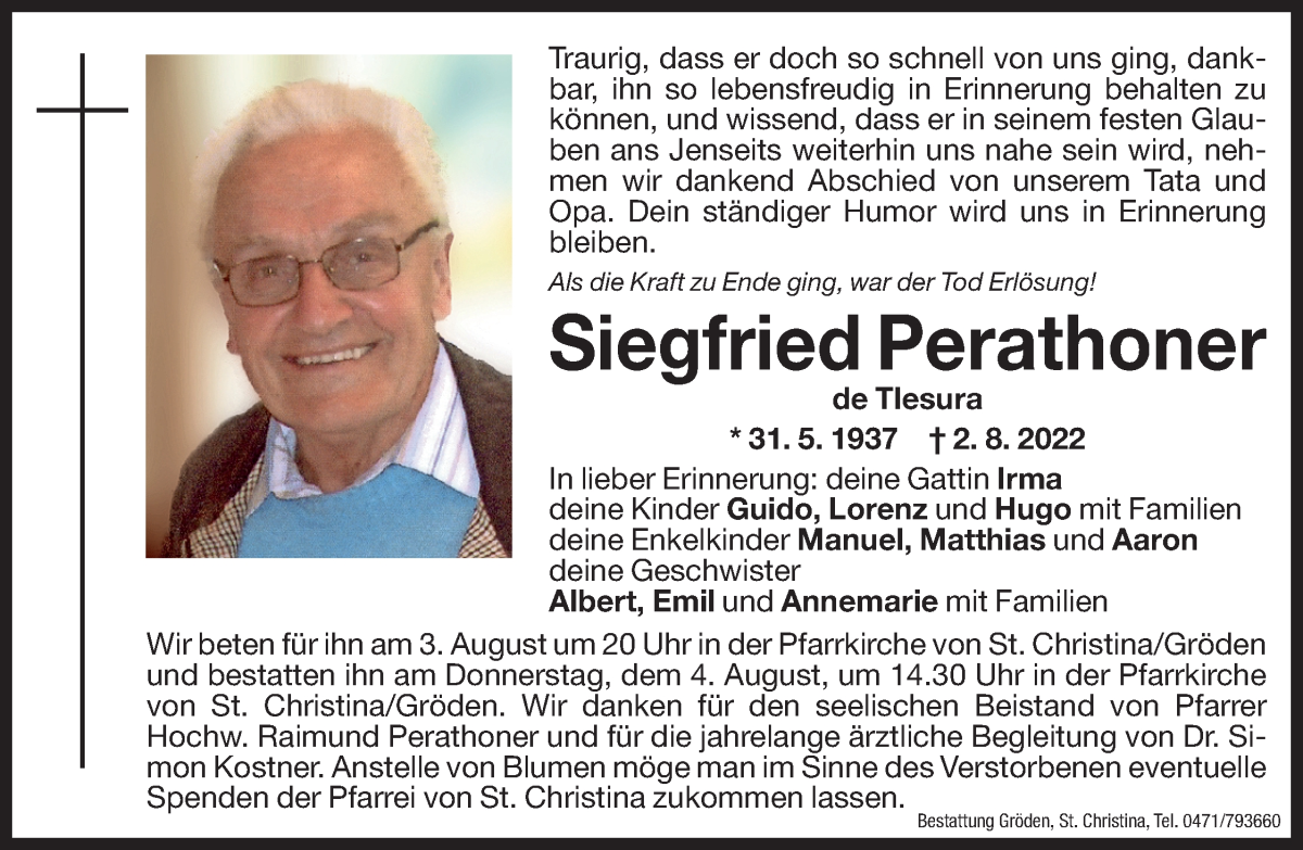  Traueranzeige für Siegfried Perathoner vom 03.08.2022 aus Dolomiten