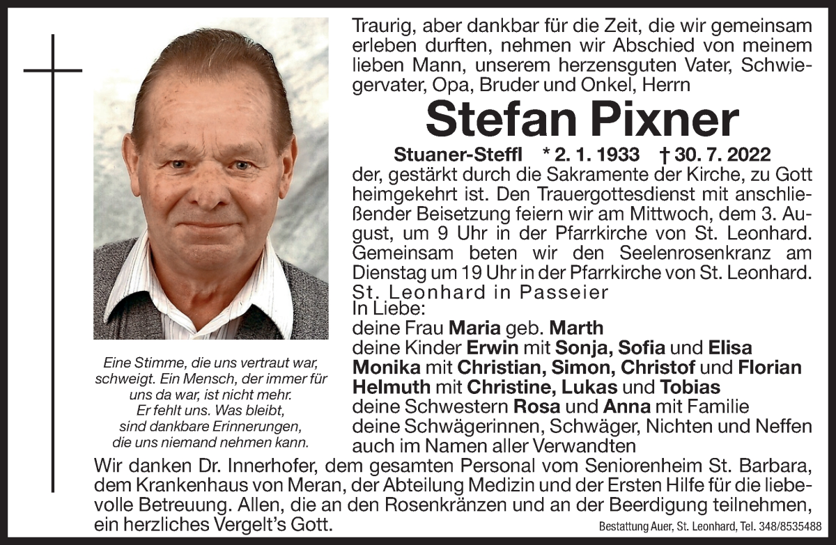  Traueranzeige für Stefan Pixner vom 02.08.2022 aus Dolomiten