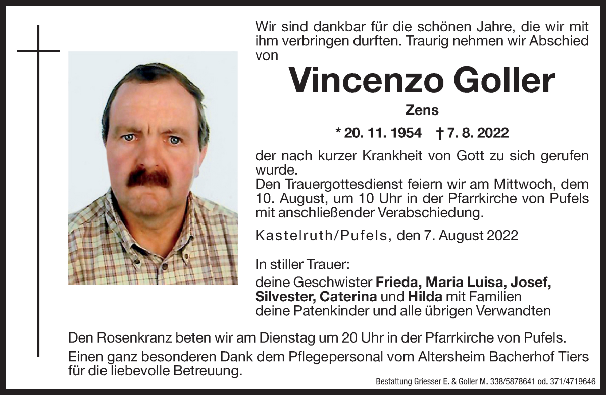  Traueranzeige für Vincenzo Goller vom 09.08.2022 aus Dolomiten