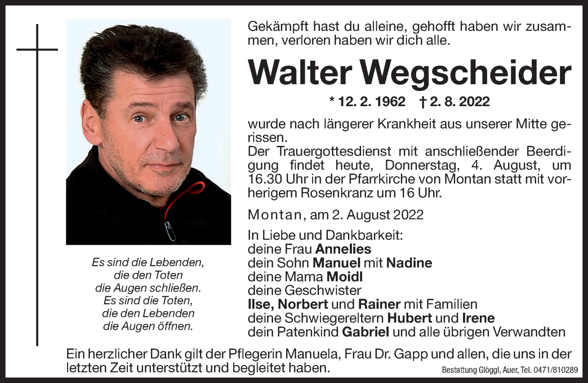  Traueranzeige für Walter Wegscheider vom 04.08.2022 aus Dolomiten