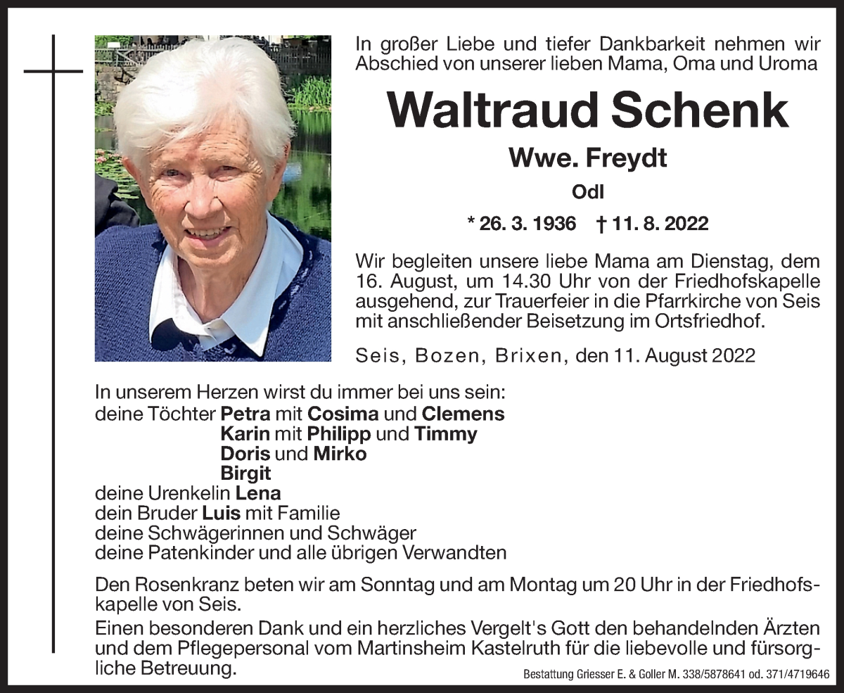  Traueranzeige für Waltraud Freydt vom 13.08.2022 aus Dolomiten