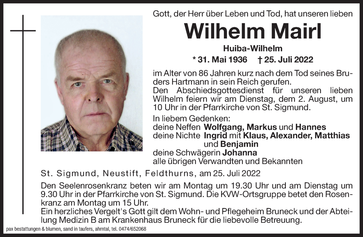  Traueranzeige für Wilhelm Mairl vom 01.08.2022 aus Dolomiten