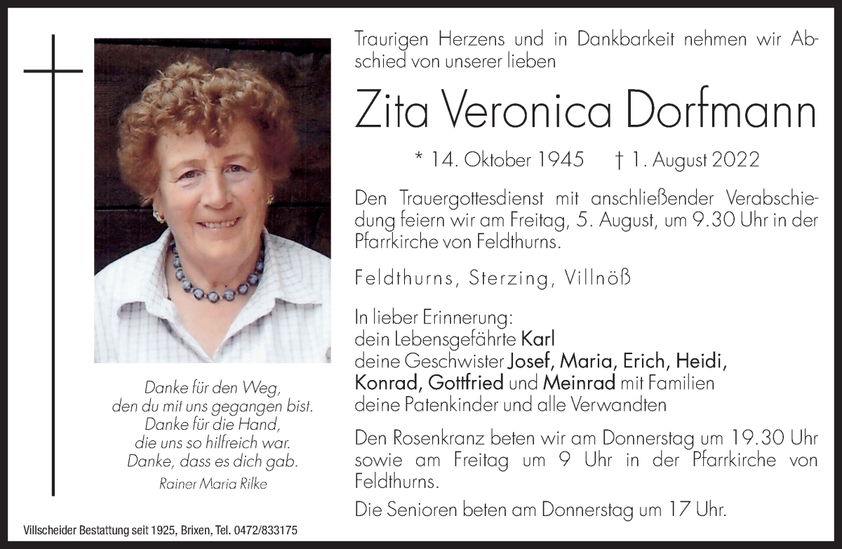  Traueranzeige für Zita Veronica Dorfmann vom 04.08.2022 aus Dolomiten