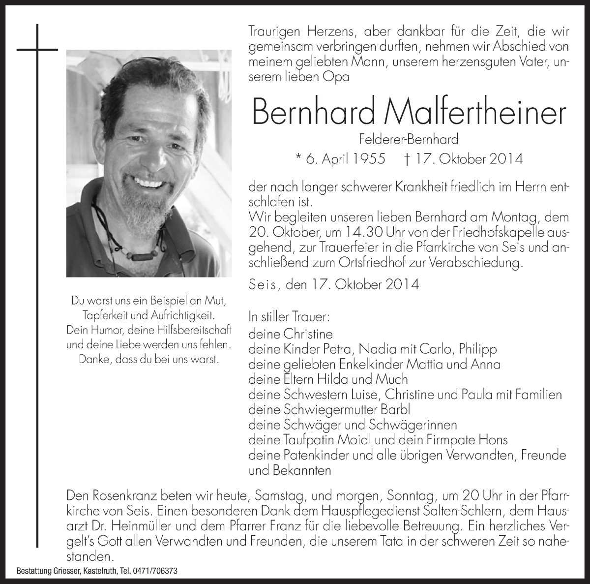  Traueranzeige für Bernhard Malfertheiner vom 18.10.2014 aus Dolomiten