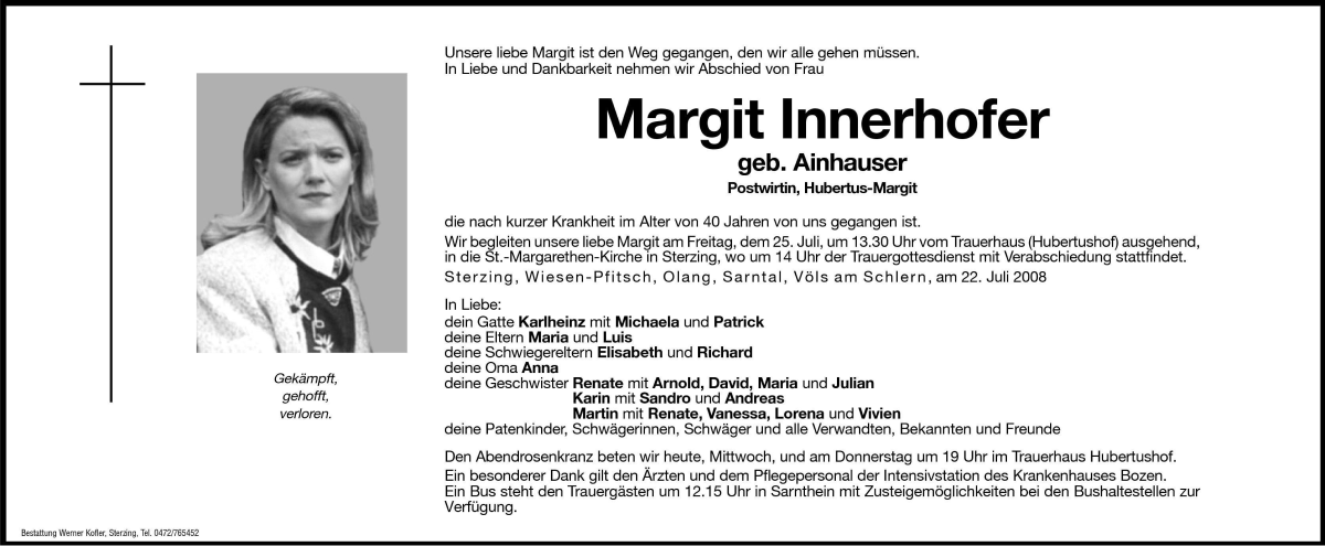  Traueranzeige für Margit Innerhofer vom 23.07.2008 aus Dolomiten