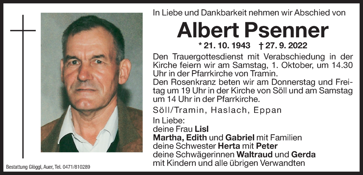  Traueranzeige für Albert Psenner vom 29.09.2022 aus Dolomiten