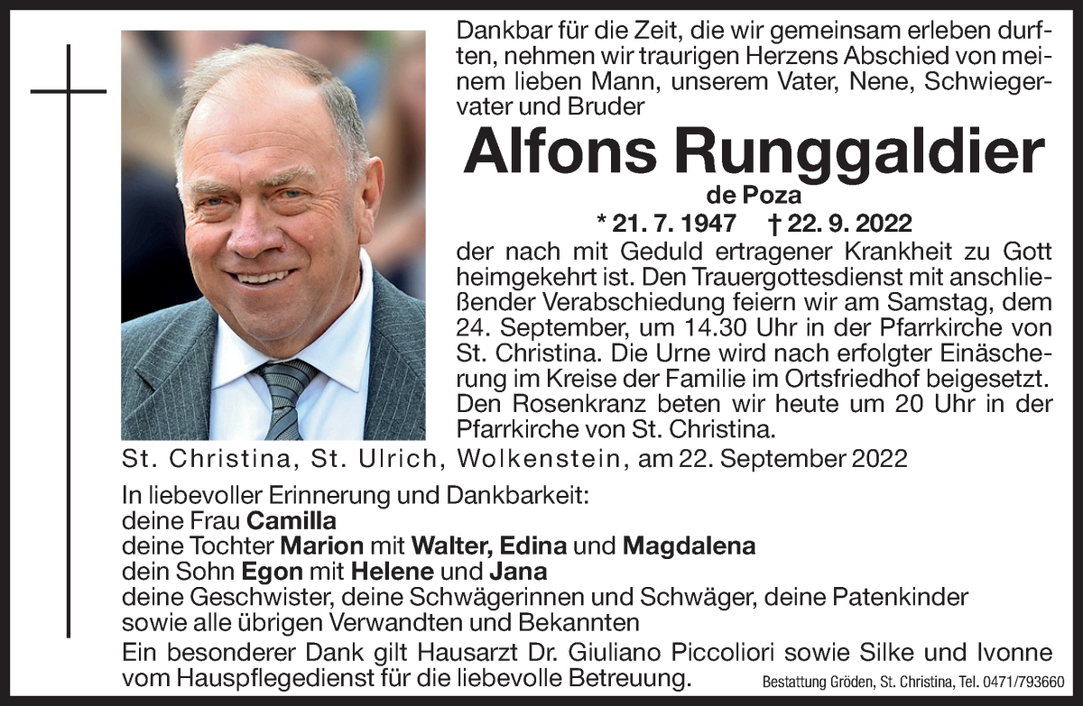  Traueranzeige für Alfons Runggaldier vom 23.09.2022 aus Dolomiten