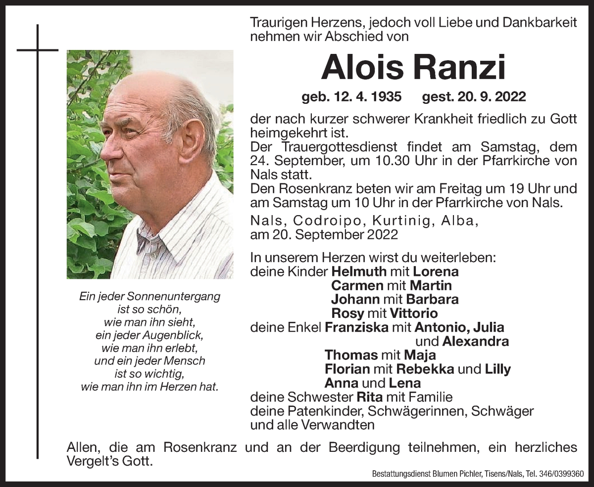  Traueranzeige für Alois Ranzi vom 22.09.2022 aus Dolomiten