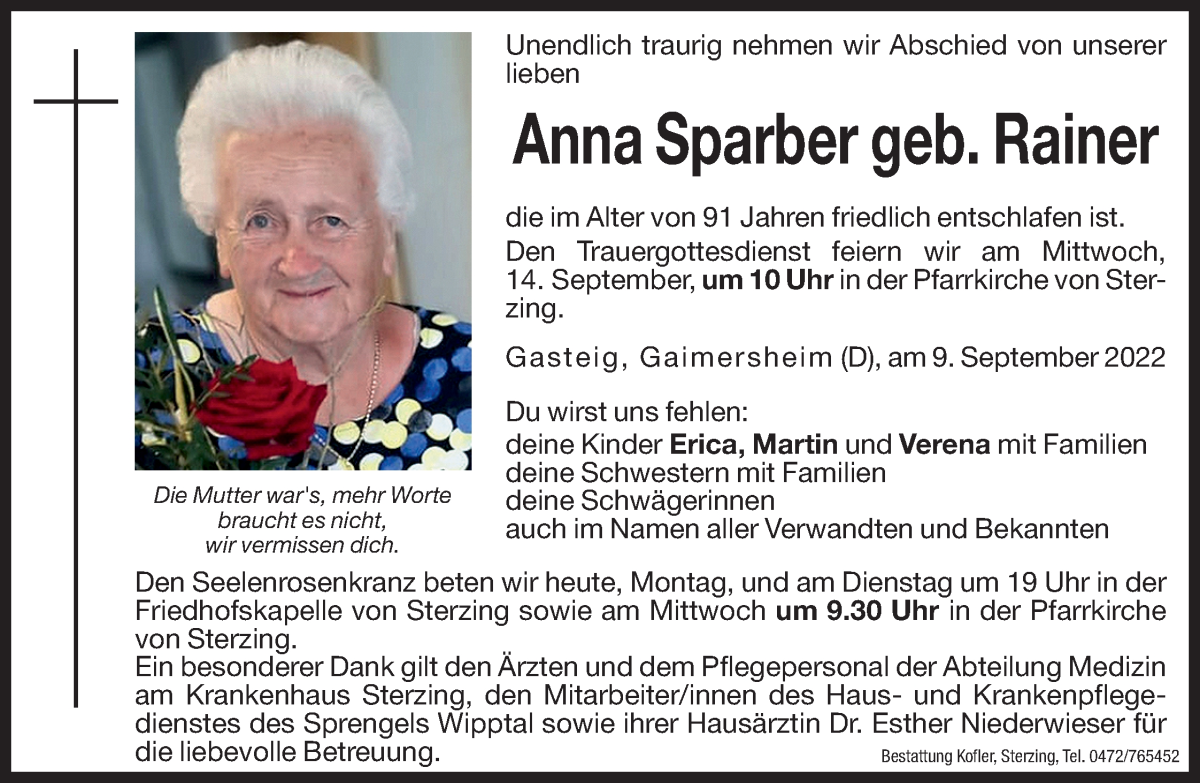  Traueranzeige für Anna Sparber vom 12.09.2022 aus Dolomiten