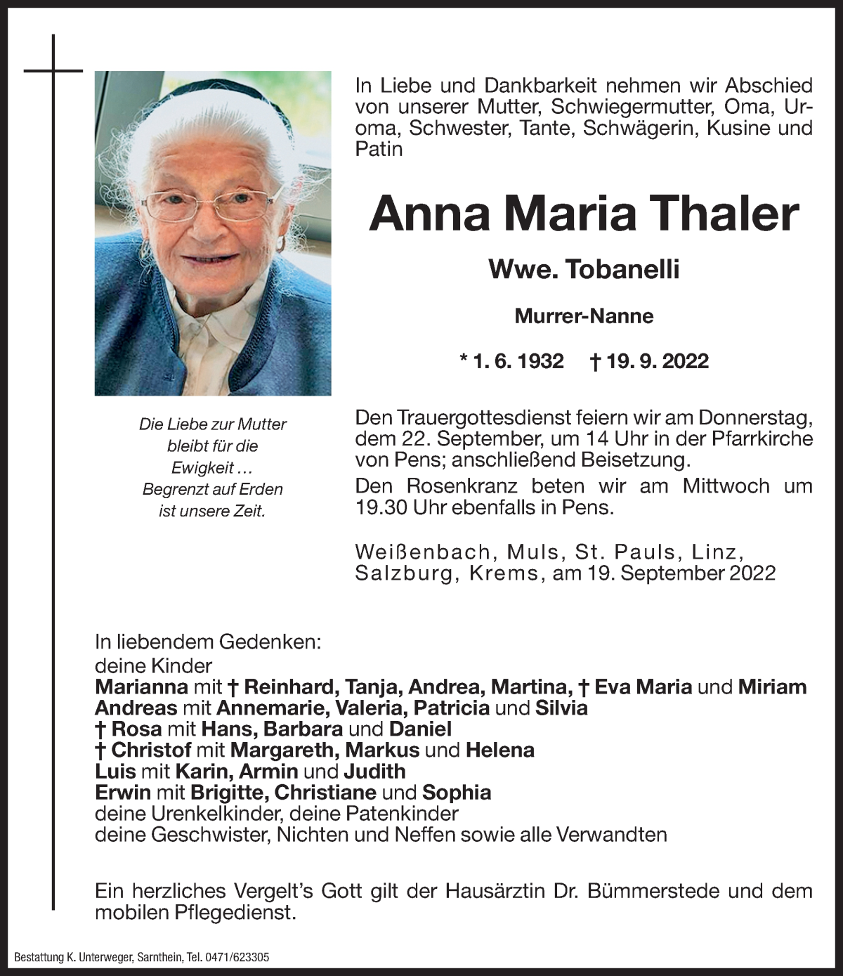  Traueranzeige für Anna Maria Tobanelli vom 21.09.2022 aus Dolomiten